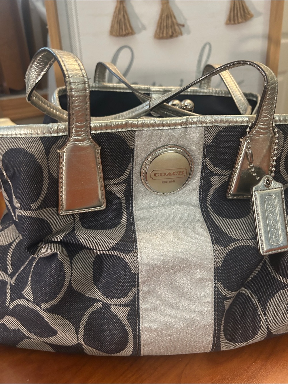 Coach Metallic Silver and Charcoal Signature Tote Kisslock